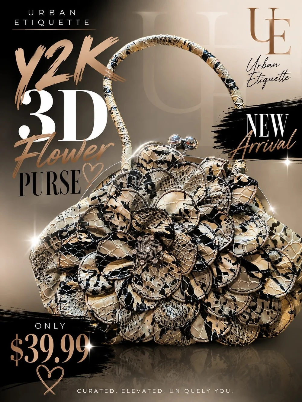 Y2K 3D Flower Purse - Beige Black
